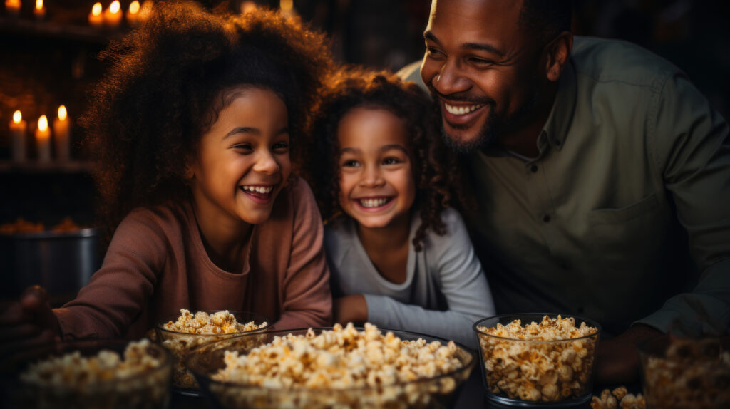 African American family enjoying movie night together. Well-being activities for kids.