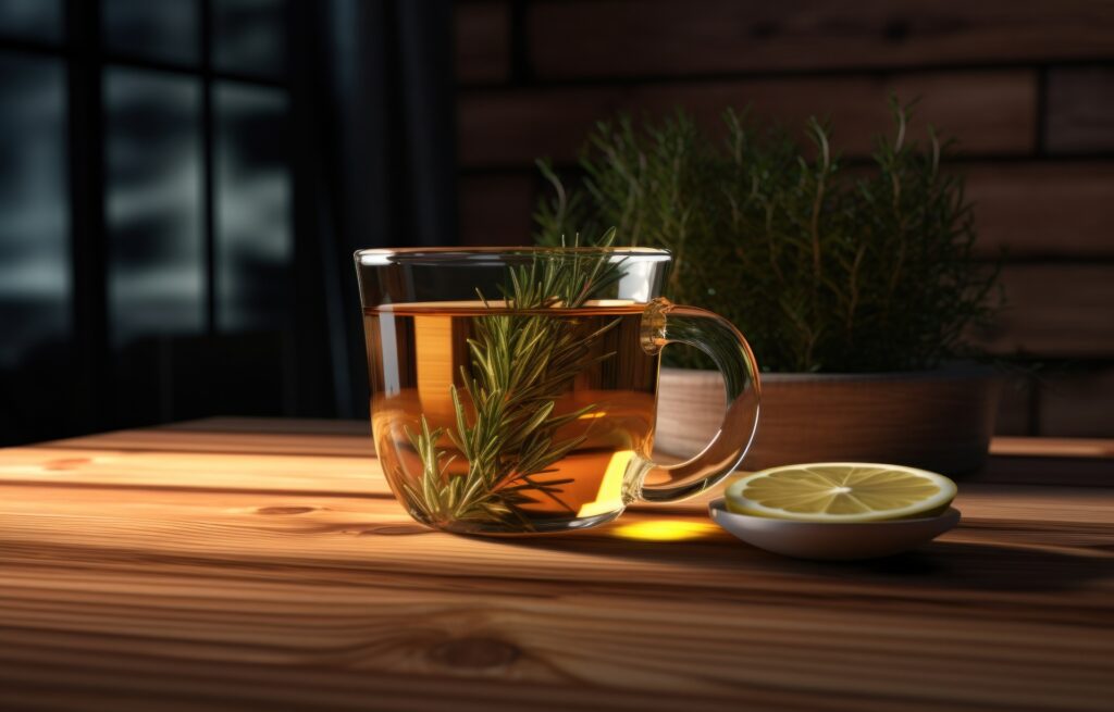 a cup of rosemary tea grown from the herb garden.