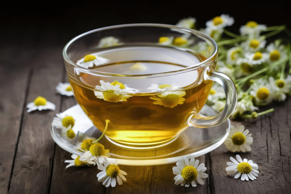 a cup of chamomile tea grown from the herb garden.