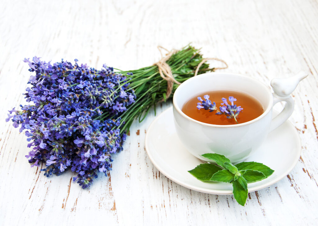  a cup of lavender tea grown from the herb garden.