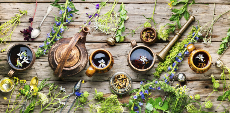 mugs with home grown herb tea.